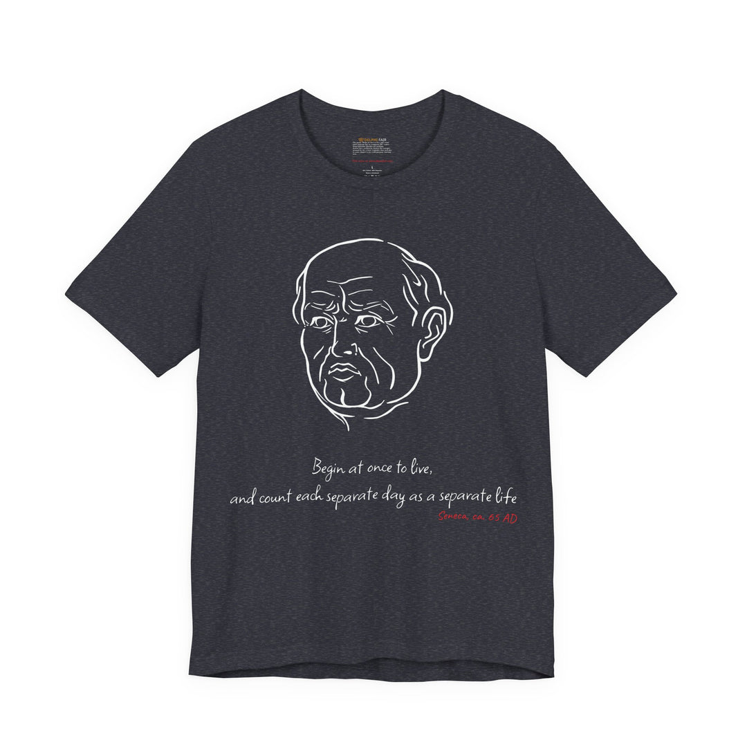Heather-navy t-shirt with a white graphic of Senecas' head, the quote 'Begin at once to live, and count each separate day as a separate life' and the red text 'Seneca, ca. 65 AD' below
