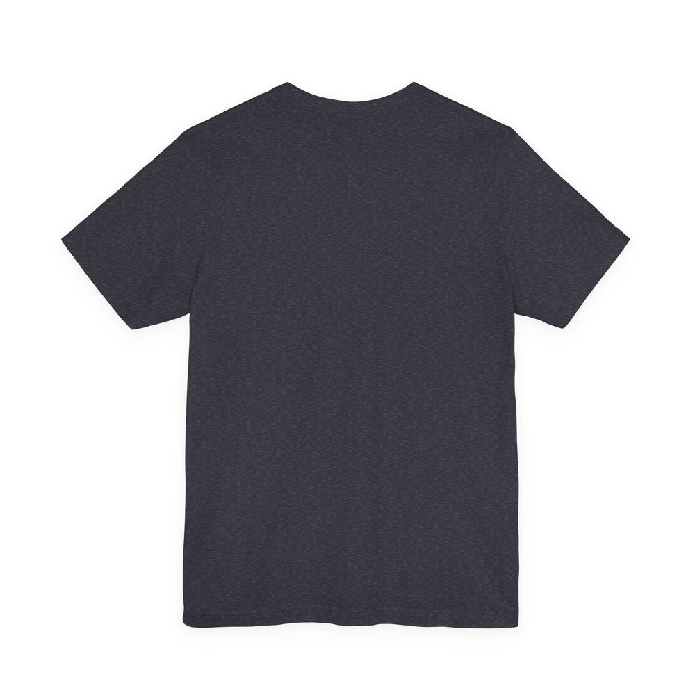 Back of a heather-navy tshirt with not text or design