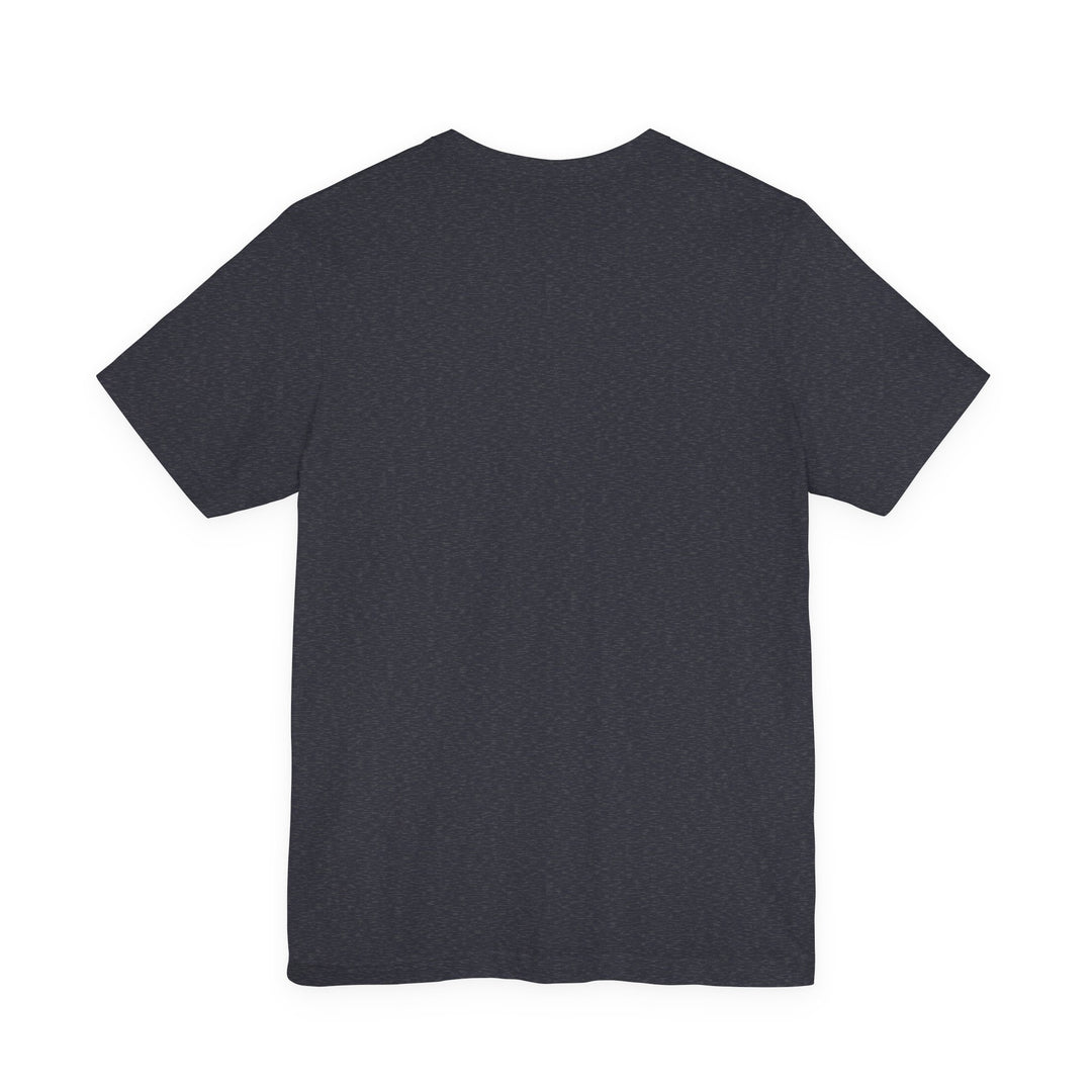 Back of a heather-navy tshirt with not text or design