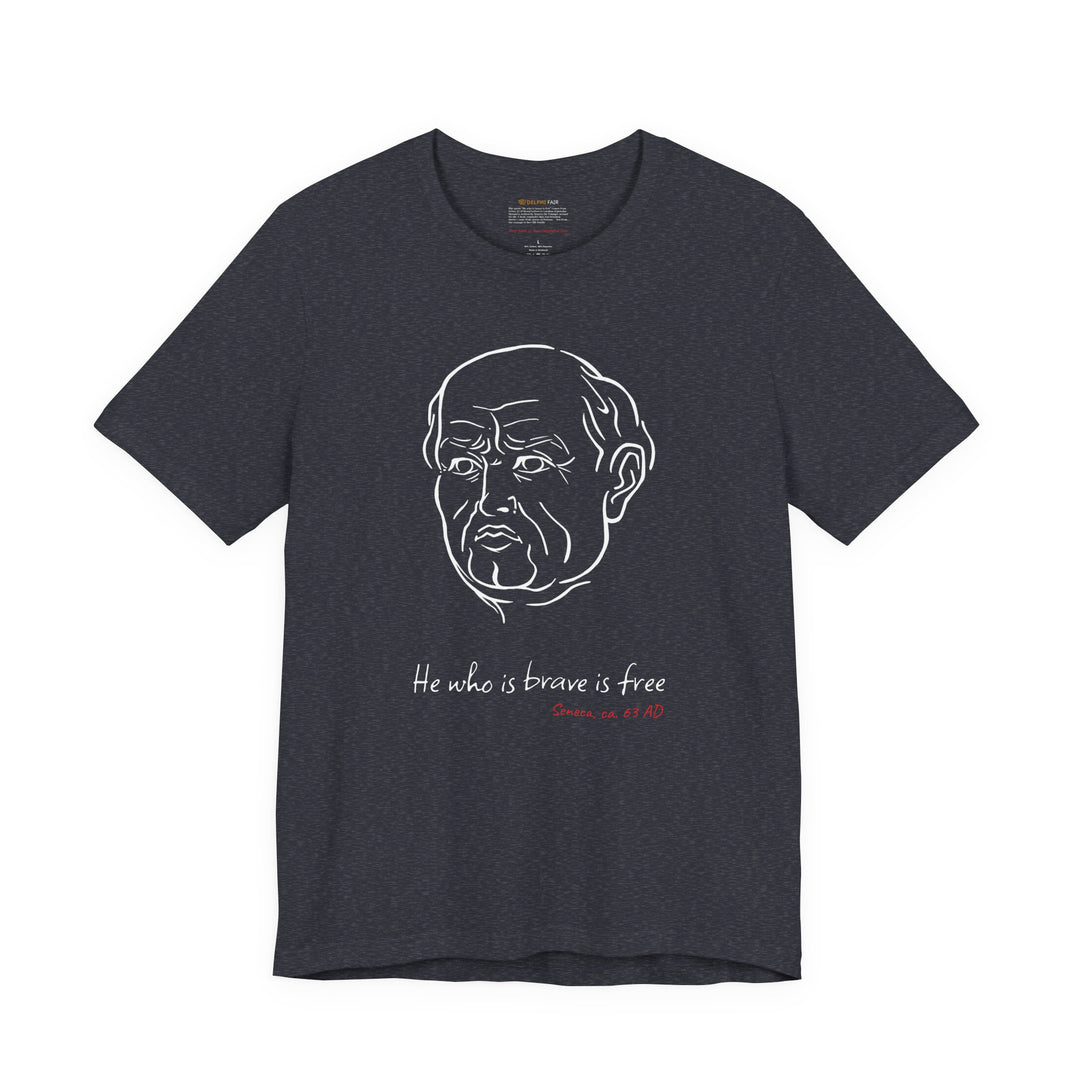 Heather-navy t-shirt with a white graphic of Senecas' head, the quote 'He who is brave is free' and the red text 'Seneca, ca. 63 AD' below