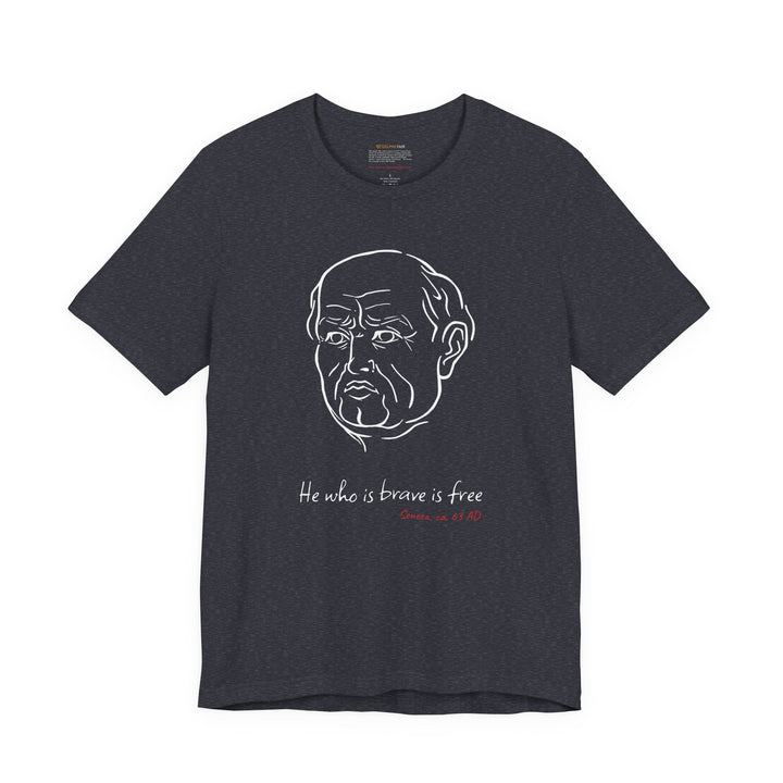 Heather-navy t-shirt with a white graphic of Senecas' head, the quote 'He who is brave is free' and the red text 'Seneca, ca. 63 AD' below