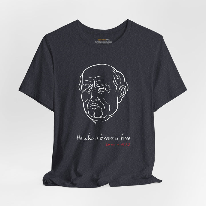 Heather-navy t-shirt with a white graphic of Senecas' head, the quote 'He who is brave is free' and the red text 'Seneca, ca. 63 AD' below