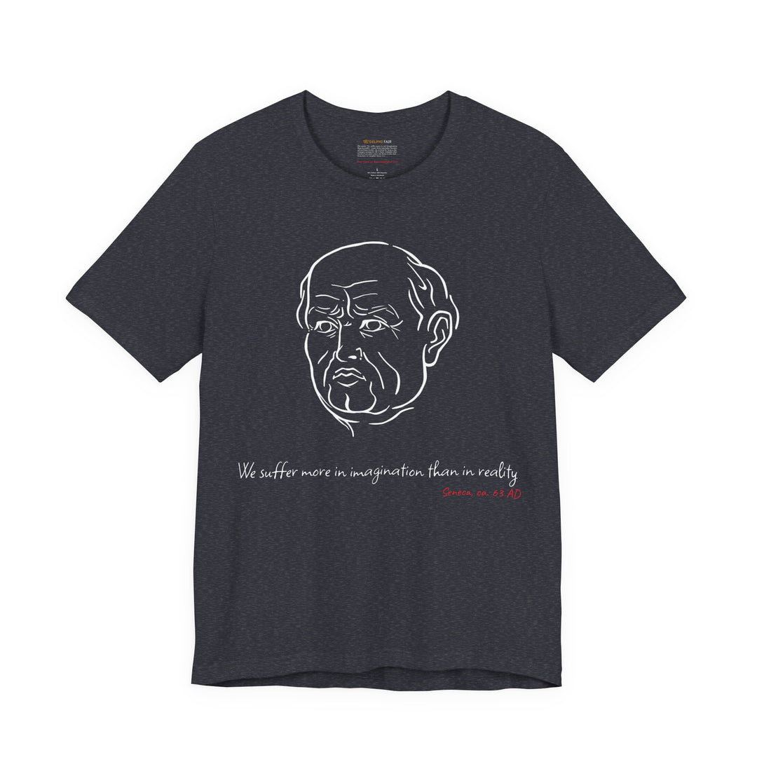 Heather-navy t-shirt with a white graphic of Senecas' head, the quote 'We suffer more in imagination than in reality' and the red text 'Seneca, ca. 63 AD' below
