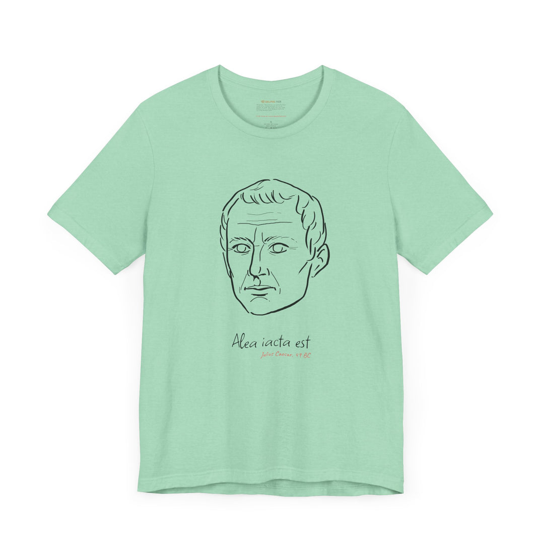 Mint t-shirt with a black graphic of Julius Caesar's head, the quote 'Alea iacta est,' (The die is cast), and the red text 'Julius Caesar 49 BC' below