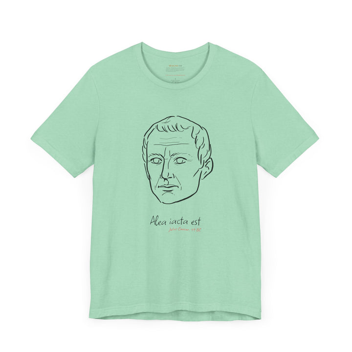 Mint t-shirt with a black graphic of Julius Caesar's head, the quote 'Alea iacta est,' (The die is cast), and the red text 'Julius Caesar 49 BC' below
