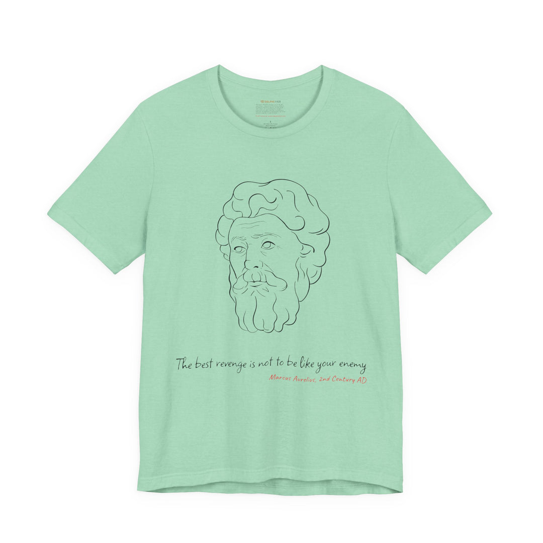 Mint t-shirt with a black graphic of Marcus Aurelius' head, the quote 'The best revenge is not to be like your enemy', and the red text 'Marcus Aurelius, 2nd Century AD' below
