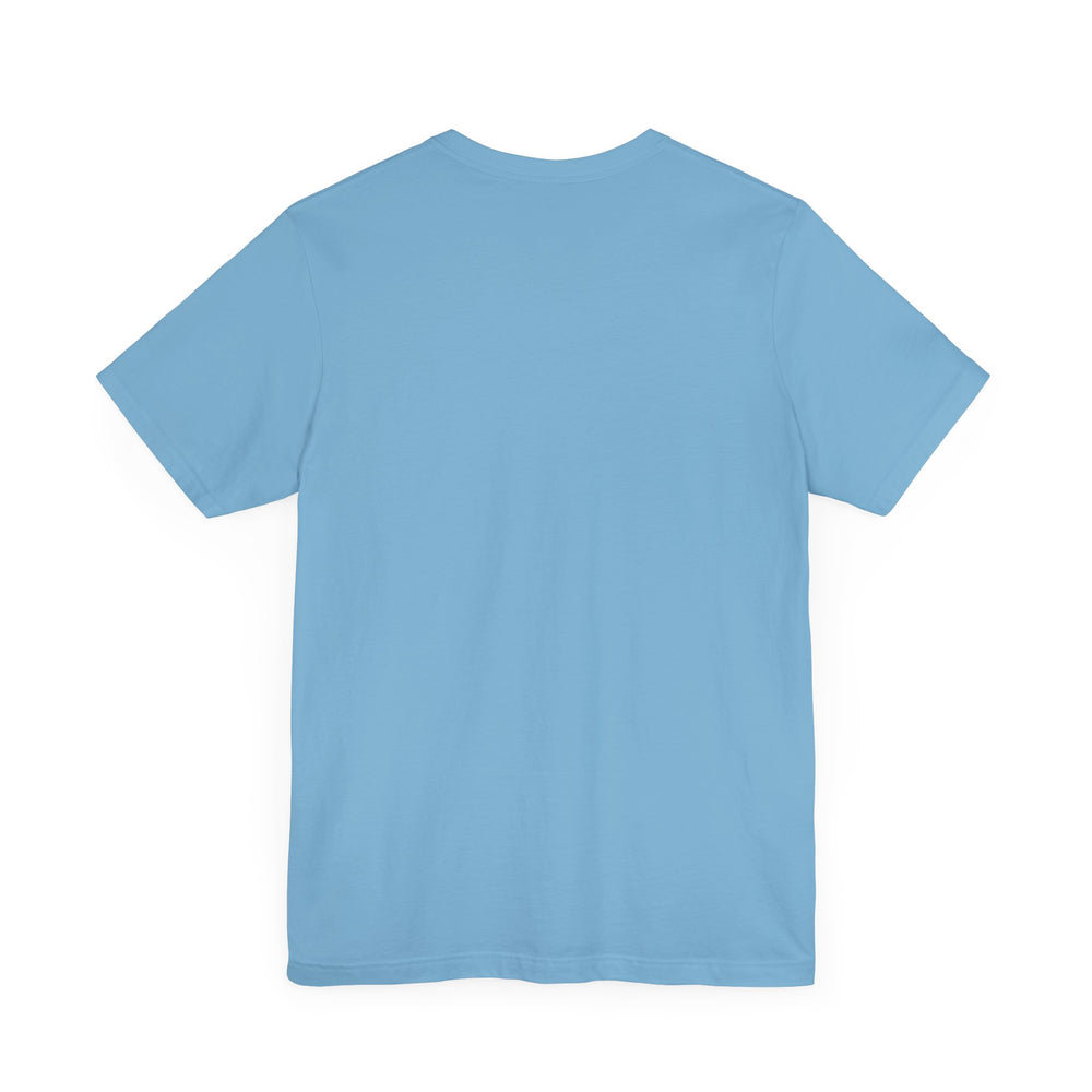 Back of a ocean-blue t-shirt with no text or design