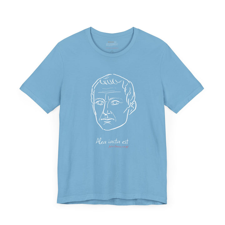 Ocean-blue t-shirt with a white graphic of Julius Caesar's head, the quote 'Alea iacta est,' (The die is cast), and the red text 'Julius Caesar 49 BC' below