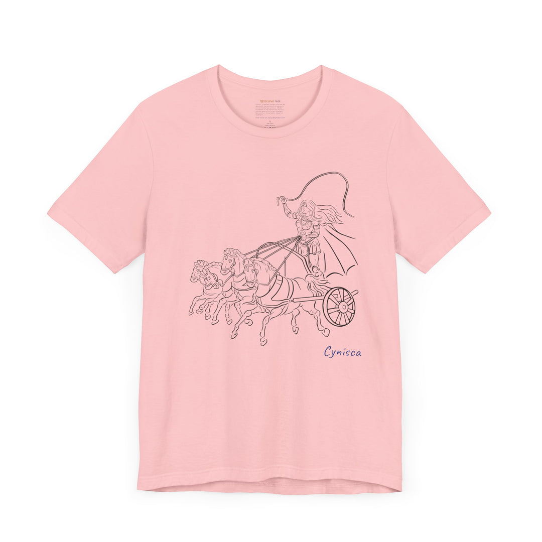 Pink t-shirt with a black line graphic of Cynisca riding a four-horse chariot, wearing armor and a cape, with the blue text 'Cynisca' below the design.