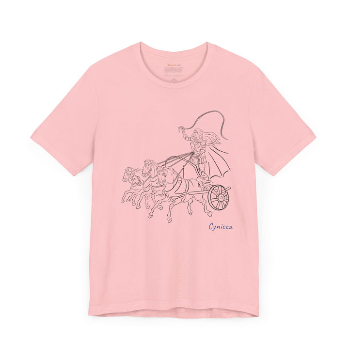 Pink t-shirt with a black line graphic of Cynisca riding a four-horse chariot, wearing armor and a cape, with the blue text 'Cynisca' below the design.