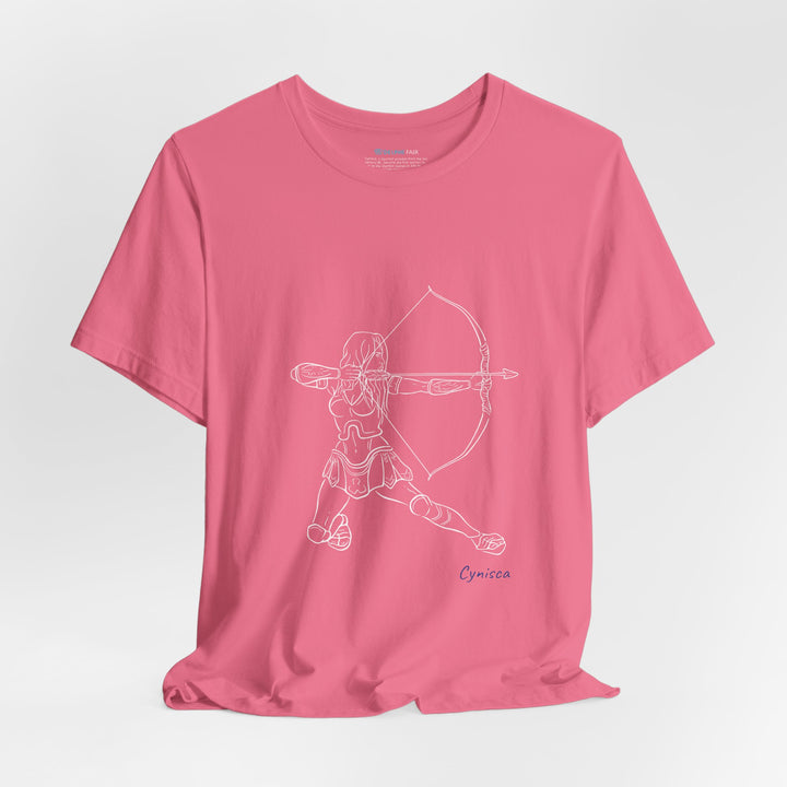 Dark-pink t-shirt with a white line graphic of Cynisca in armor kneeling and drawing a bow, aiming an arrow forward, with the blue text 'Cynisca' below the design.