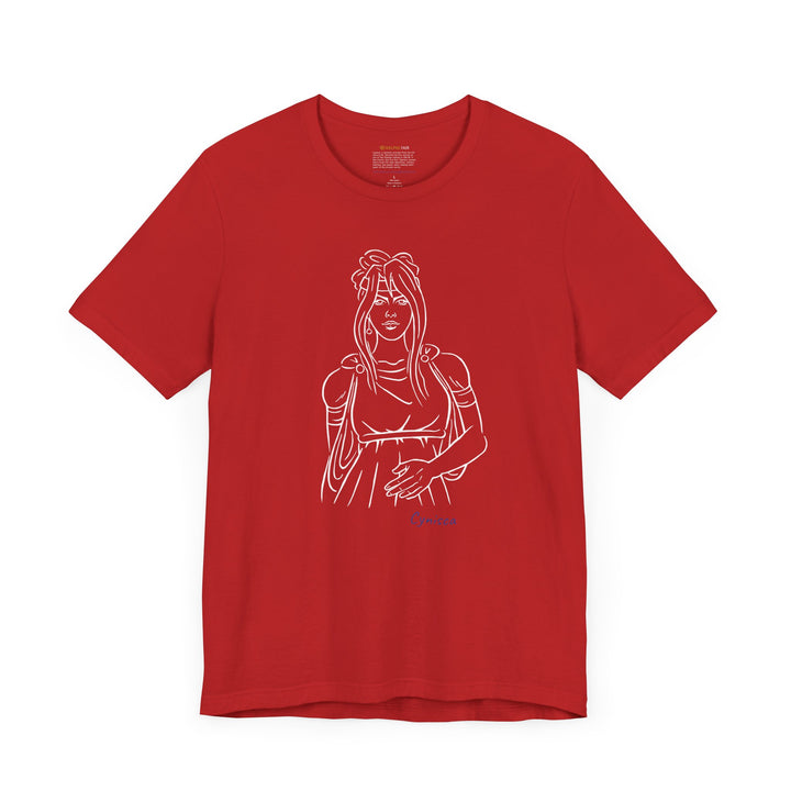 Red t-shirt with a white line graphic of Cynisca in ancient-style casual clothing, with flowing hair and a calm expression, and the blue text 'Cynisca' below the design.