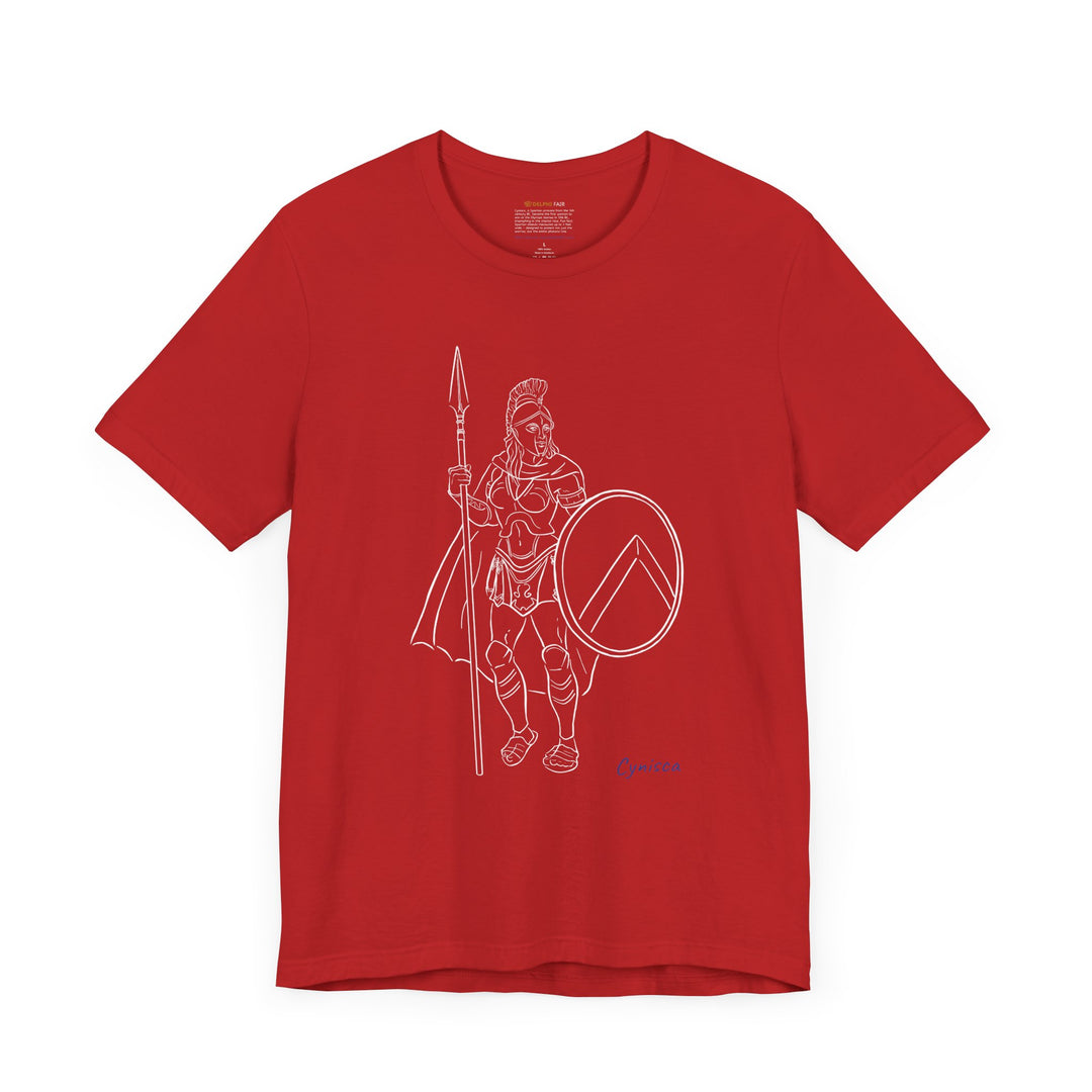 Red t-shirt with a white line graphic of Cynisca standing in full Spartan armor, holding a spear and a round shield with a lambda symbol, with the blue text 'Cynisca' below the design.