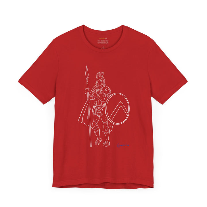 Red t-shirt with a white line graphic of Cynisca standing in full Spartan armor, holding a spear and a round shield with a lambda symbol, with the blue text 'Cynisca' below the design.