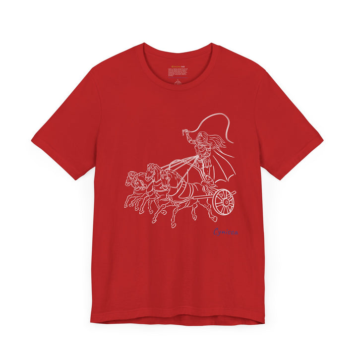 Red t-shirt with a white line graphic of Cynisca riding a four-horse chariot, wearing armor and a cape, with the blue text 'Cynisca' below the design.
