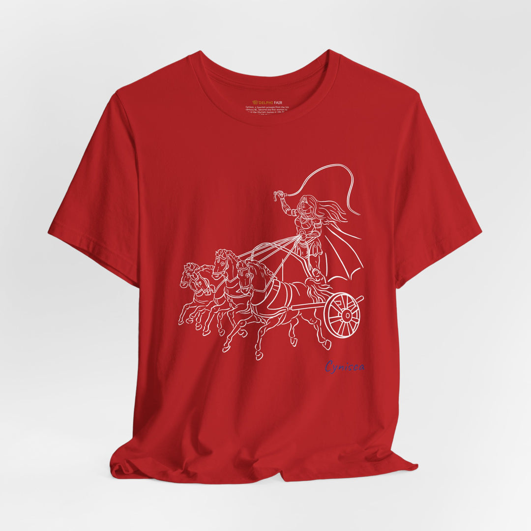 Red t-shirt with a white line graphic of Cynisca riding a four-horse chariot, wearing armor and a cape, with the blue text 'Cynisca' below the design.