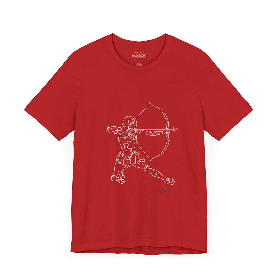 Red t-shirt with a white line graphic of Cynisca in armor kneeling and drawing a bow, aiming an arrow forward, with the blue text 'Cynisca' below the design.