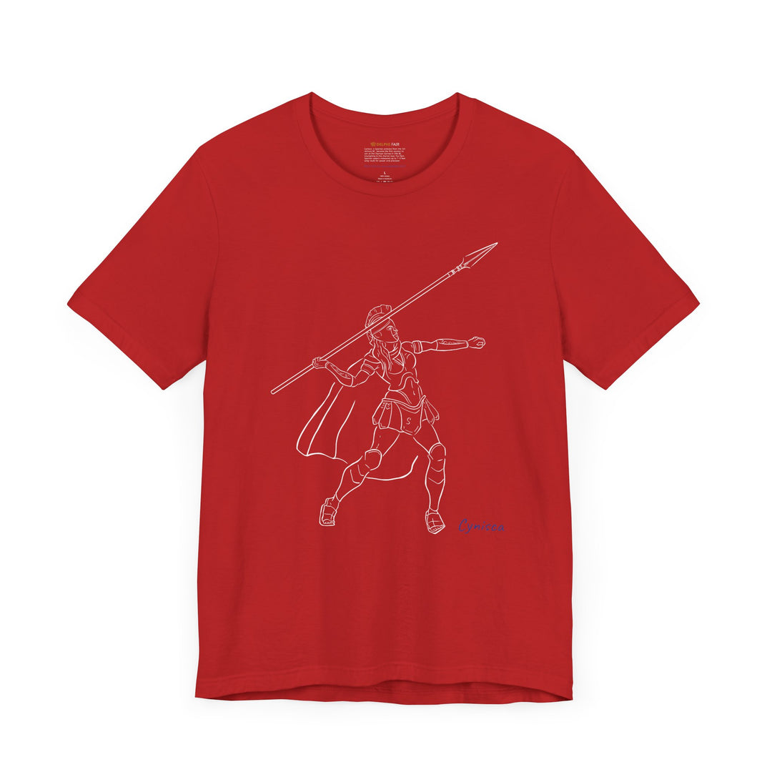 Red t-shirt with a white line graphic of Cynisca in Spartan armor mid-action, throwing a spear with an extended arm, and the blue text 'Cynisca' below the design.