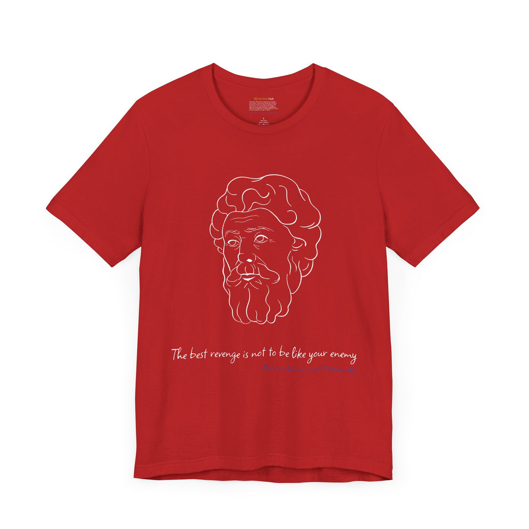 Red t-shirt with a white graphic of Marcus Aurelius' head, the quote 'The best revenge is not to be like your enemy', and the blue text 'Marcus Aurelius, 2nd Century AD' below
