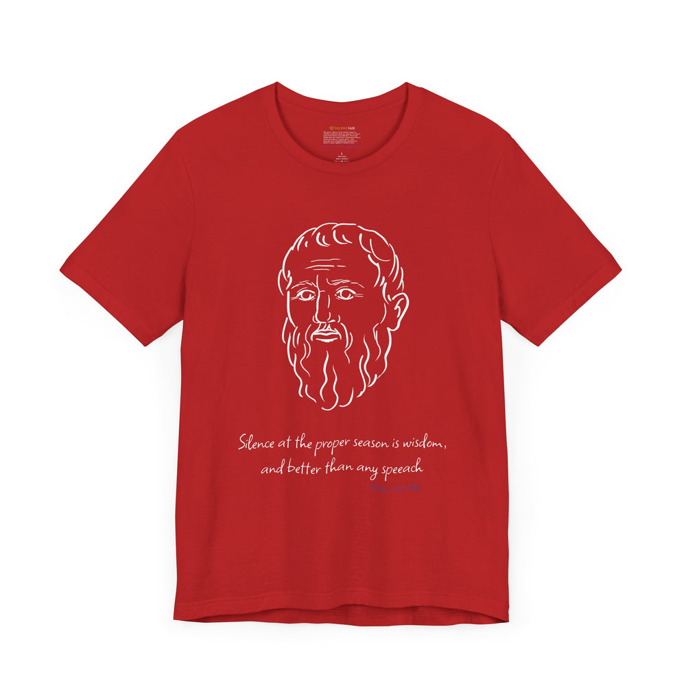 Red t-shirt with a white graphic of Plato's head, the quote 'Silence at the proper season is wisdom, and better than any speech,' and the blue text 'Plato 347 BC' below.