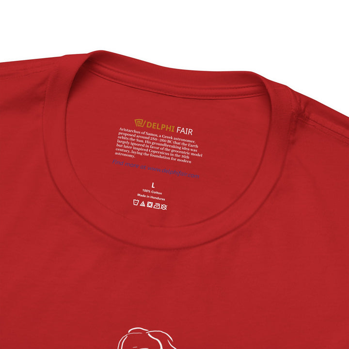 Close-up of the neck label on a black t-shirt with a note about Aristarchus of Samos, the ancient Greek astronomer who proposed a heliocentric model around 280–260 BC, an idea that later inspired Copernicus and shaped modern astronomy