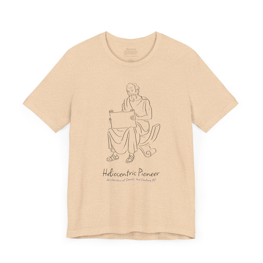 A red t-shirt featuring a black graphic of Aristarchus sitting and reading a scroll, with the text 'Heliocentric Pioneer' and the blue text 'Aristarchus of Samos, 3rd Century BC' below.