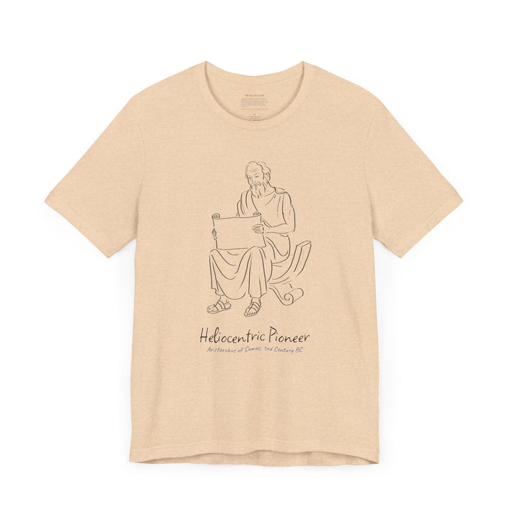 A red t-shirt featuring a black graphic of Aristarchus sitting and reading a scroll, with the text 'Heliocentric Pioneer' and the blue text 'Aristarchus of Samos, 3rd Century BC' below.