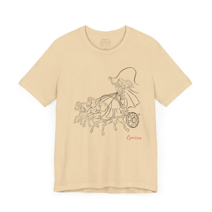 Cream t-shirt with a black line graphic of Cynisca riding a four-horse chariot, wearing armor and a cape, with the red text 'Cynisca' below the design.