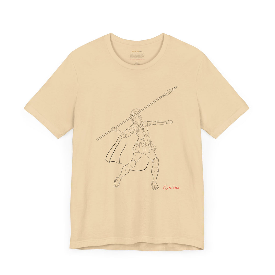 Soft-cream t-shirt with a black line graphic of Cynisca in Spartan armor mid-action, throwing a spear with an extended arm, and the red text 'Cynisca' below the design.