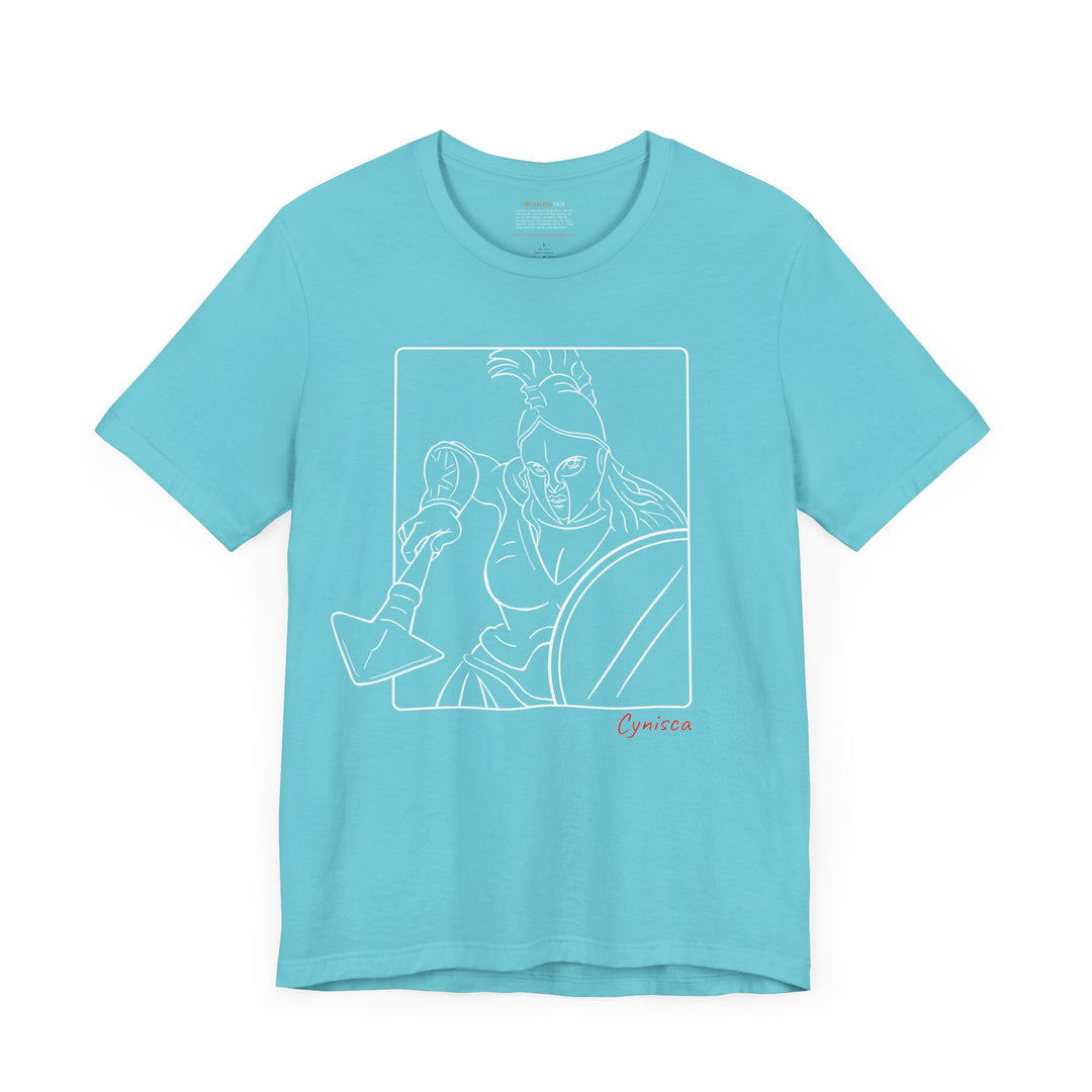 Turquoise t-shirt with a white line graphic of Cynisca in a dynamic close-up pose, wearing a helmet and holding spear and shield inside a rectangular frame, with the red text 'Cynisca' below the design.