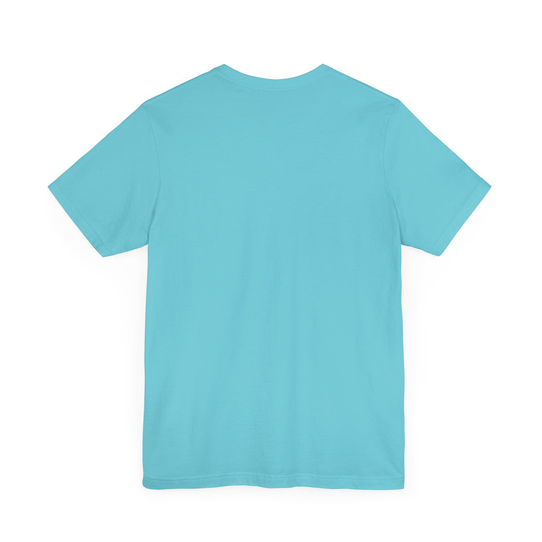 Back of a turquoise t-shirt with no text or design