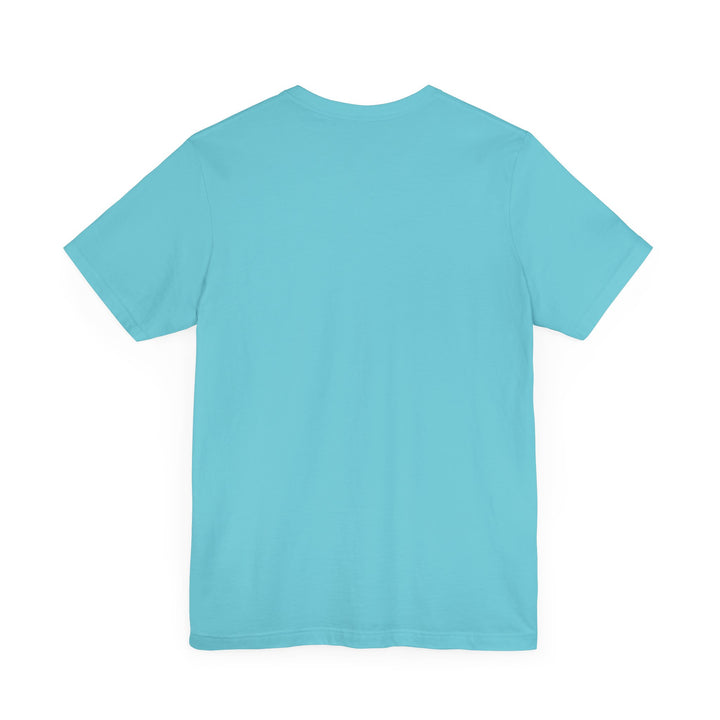 Back of a turquoise t-shirt with no text or design