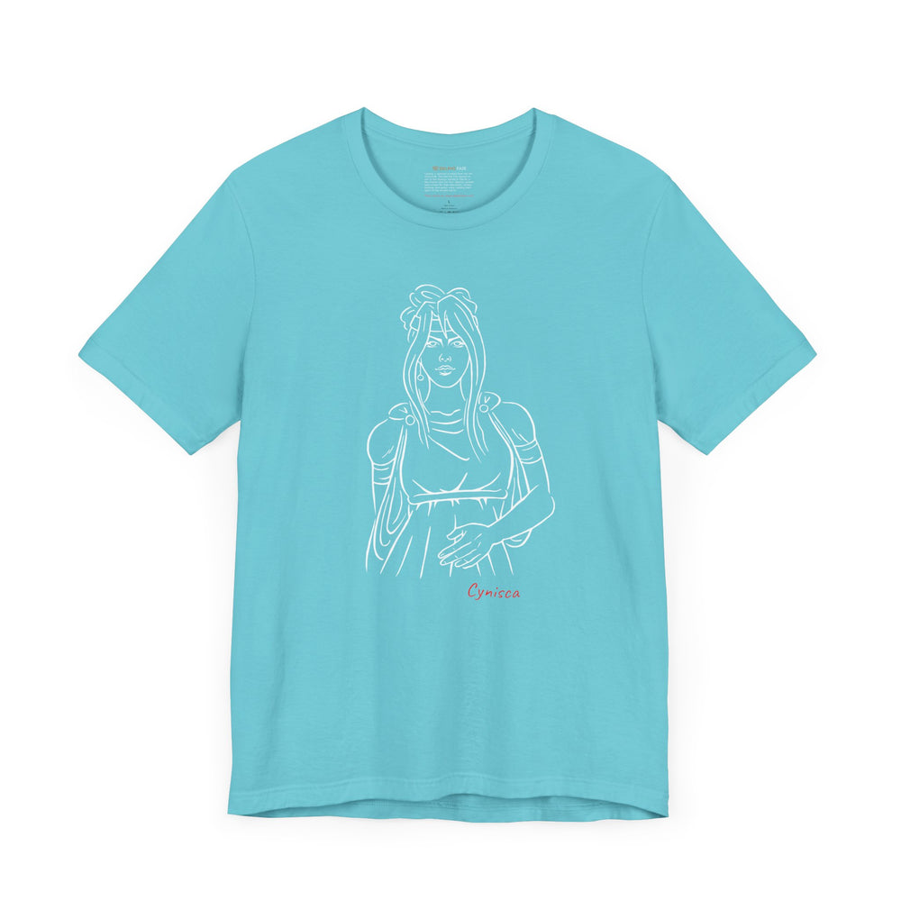 Turquoise t-shirt with a white line graphic of Cynisca in ancient-style casual clothing, with flowing hair and a calm expression, and the red text 'Cynisca' below the design.