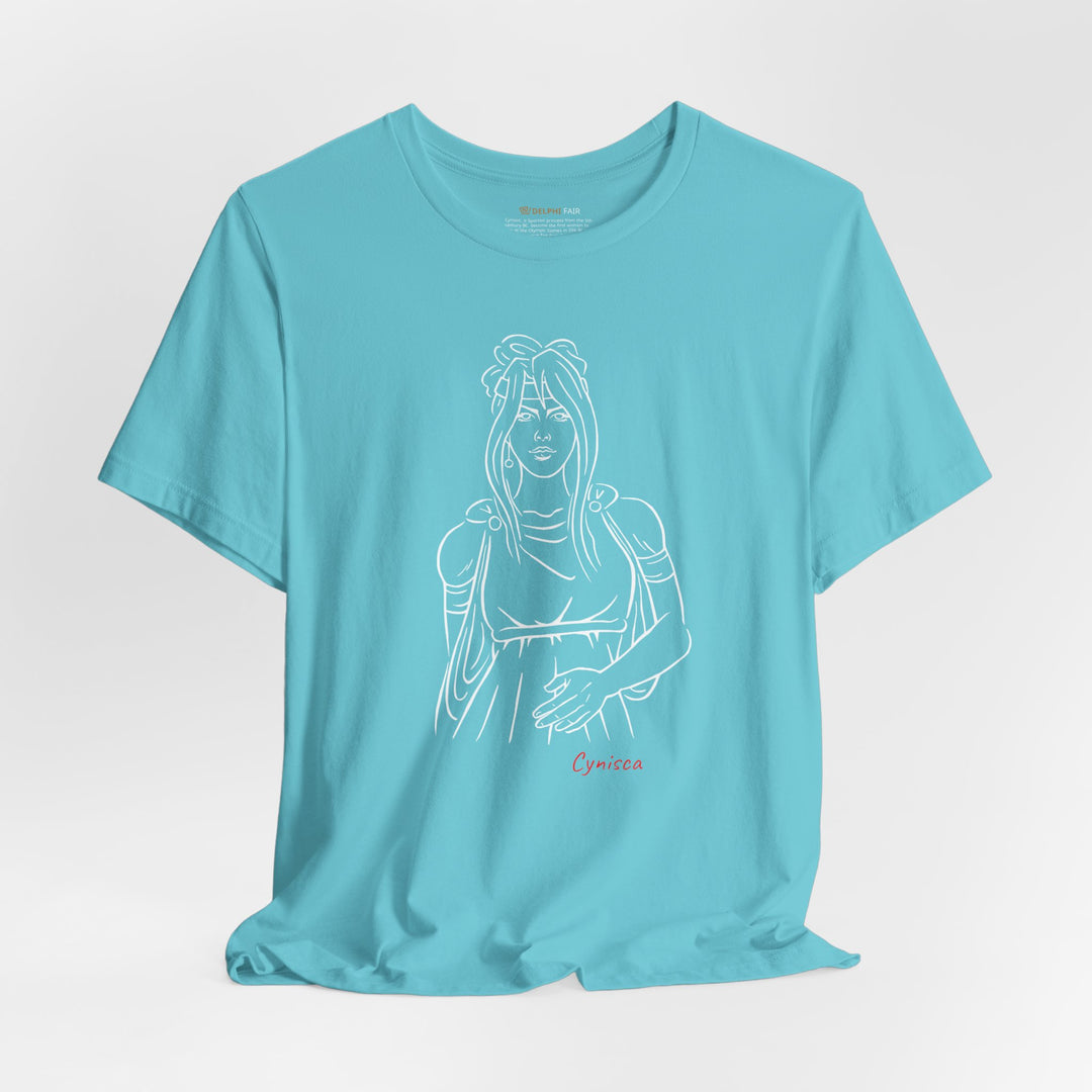 Turquoise t-shirt with a white line graphic of Cynisca in ancient-style casual clothing, with flowing hair and a calm expression, and the red text 'Cynisca' below the design.
