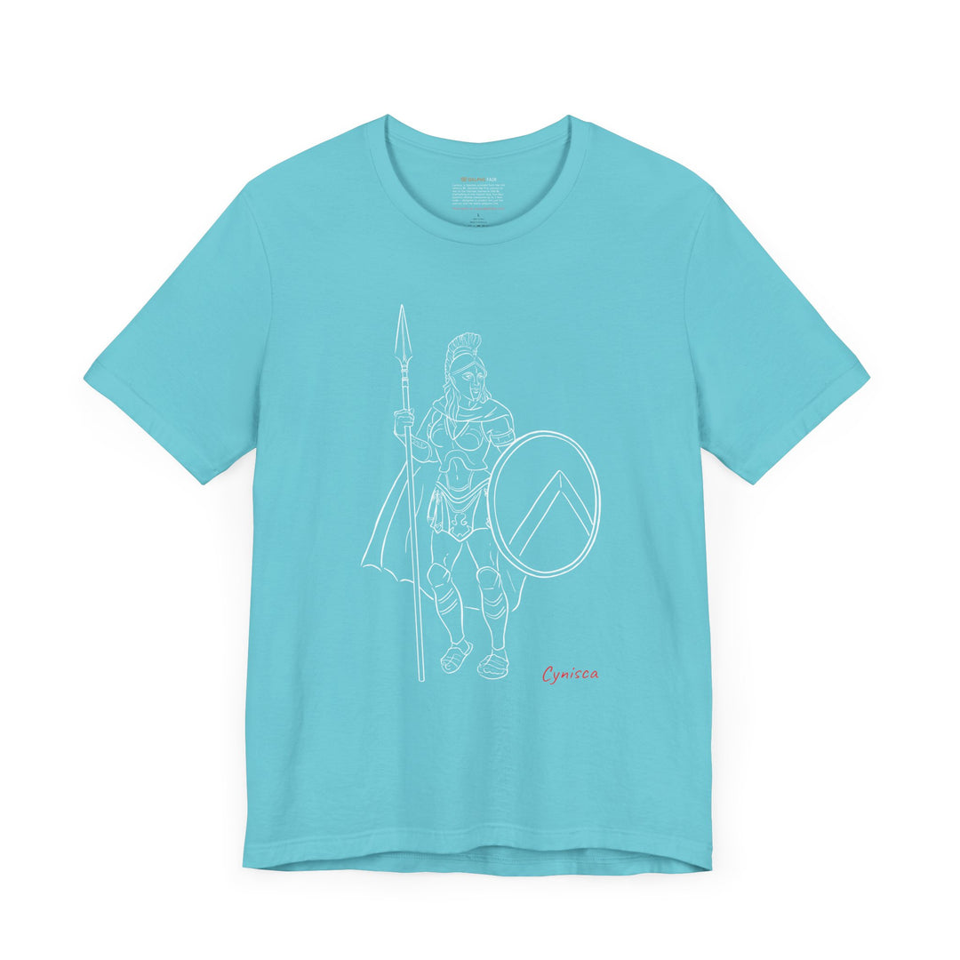 Turquoise t-shirt with a white line graphic of Cynisca standing in full Spartan armor, holding a spear and a round shield with a lambda symbol, with the red text 'Cynisca' below the design.