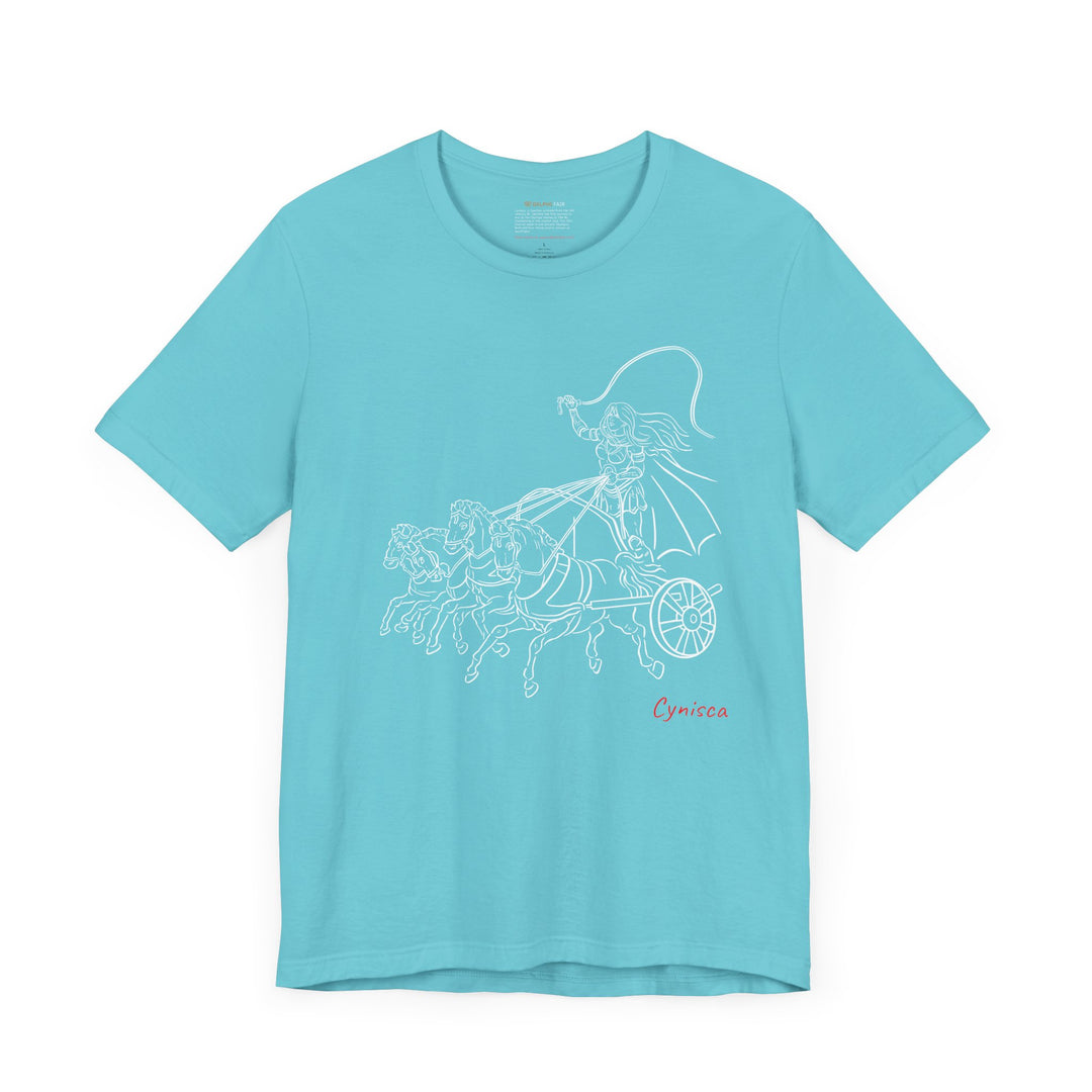 Turquoise t-shirt with a white line graphic of Cynisca riding a four-horse chariot, wearing armor and a cape, with the red text 'Cynisca' below the design.