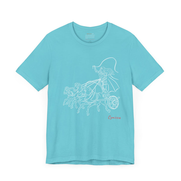 Turquoise t-shirt with a white line graphic of Cynisca riding a four-horse chariot, wearing armor and a cape, with the red text 'Cynisca' below the design.