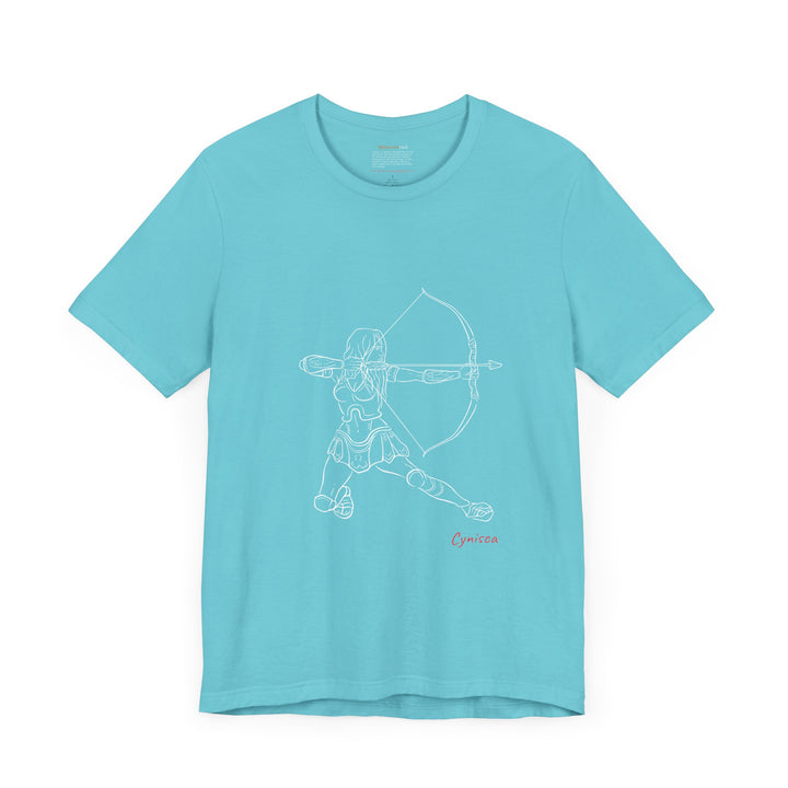 Turquoise t-shirt with a white line graphic of Cynisca in armor kneeling and drawing a bow, aiming an arrow forward, with the red text 'Cynisca' below the design.