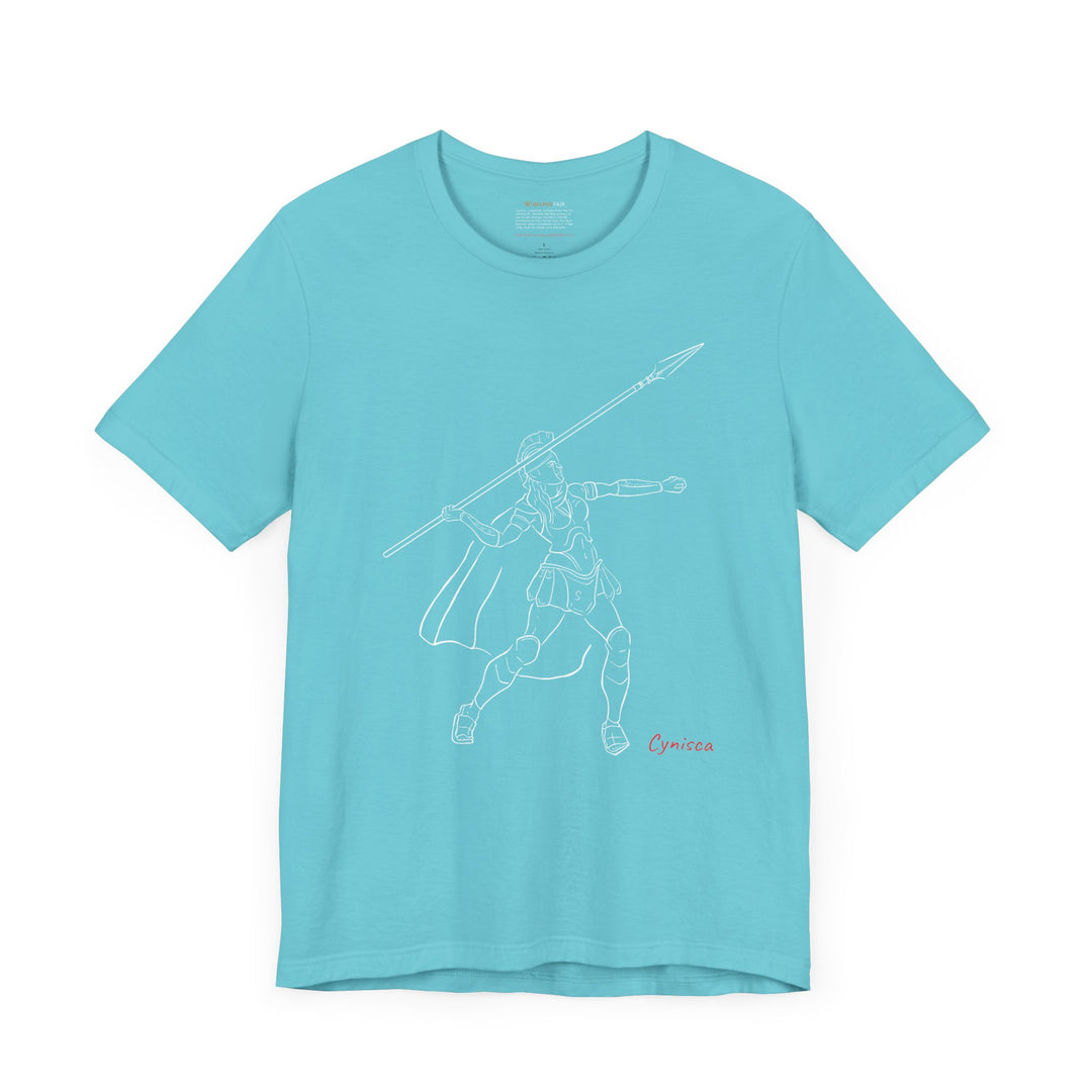 Turquoise t-shirt with a white line graphic of Cynisca in Spartan armor mid-action, throwing a spear with an extended arm, and the red text 'Cynisca' below the design.