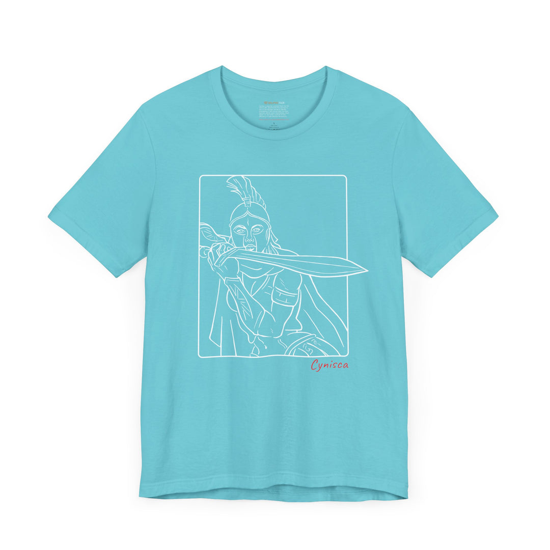 Turquoise t-shirt with a white line graphic of Cynisca in a dramatic close-up pose, holding a sword across her chest inside a rectangular frame, with the red text 'Cynisca' below the design.