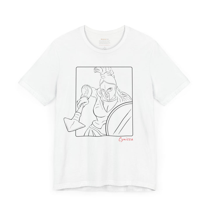 White t-shirt with a black line graphic of Cynisca in a dynamic close-up pose, wearing a helmet and holding spear and shield inside a rectangular frame, with the red text 'Cynisca' below the design.