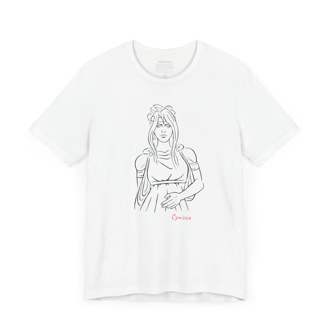 White t-shirt with a black line graphic of Cynisca in ancient-style casual clothing, with flowing hair and a calm expression, and the red text 'Cynisca' below the design.