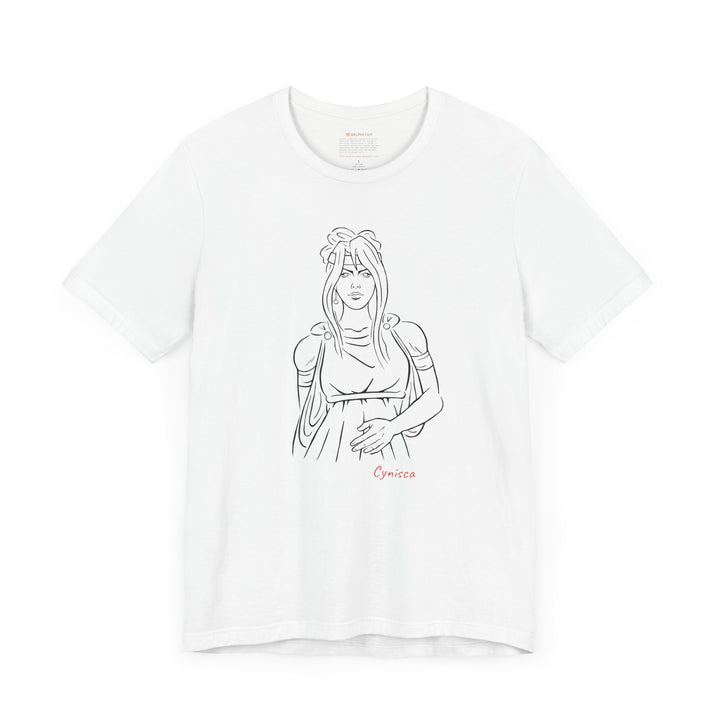 White t-shirt with a black line graphic of Cynisca in ancient-style casual clothing, with flowing hair and a calm expression, and the red text 'Cynisca' below the design.