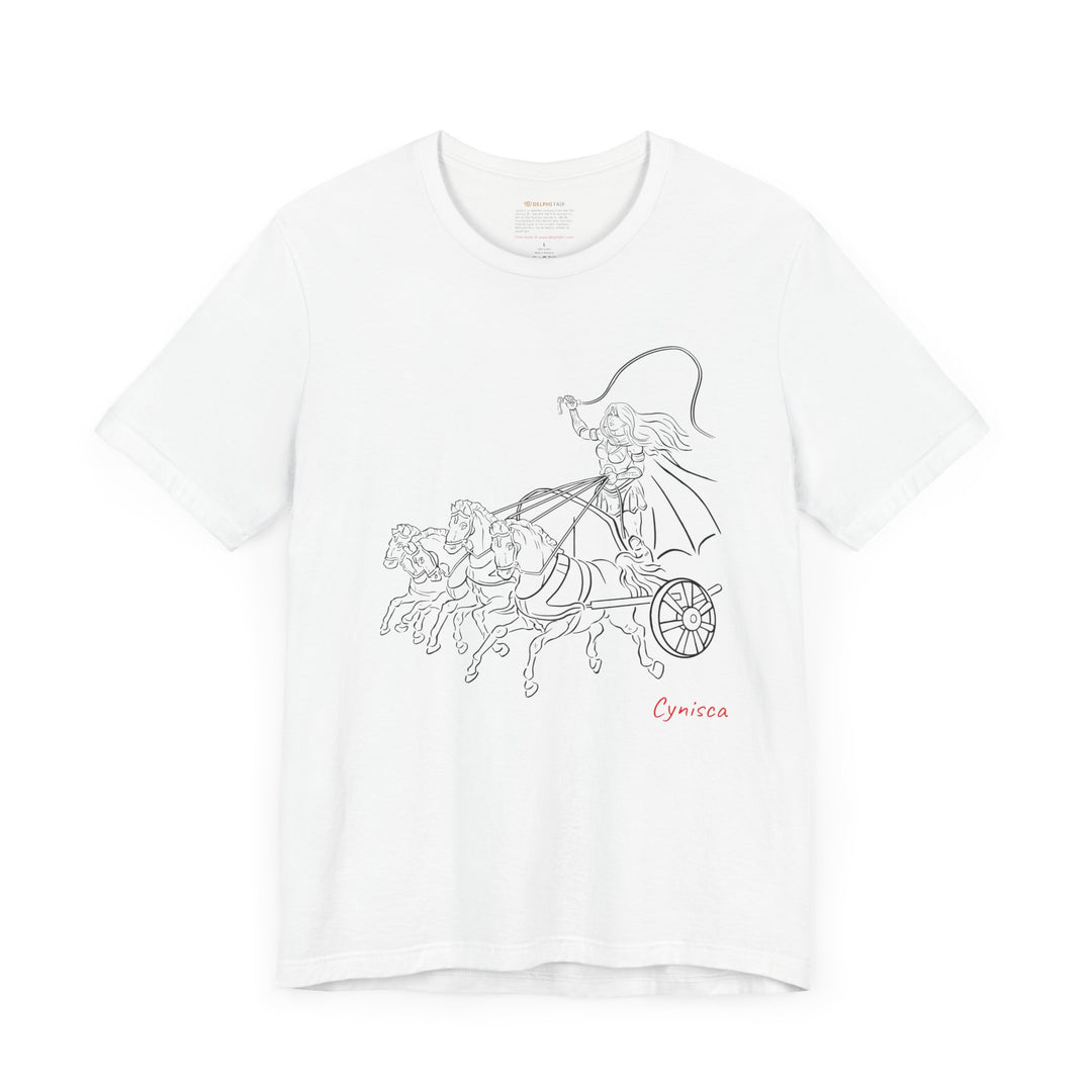 White t-shirt with a black line graphic of Cynisca riding a four-horse chariot, wearing armor and a cape, with the red text 'Cynisca' below the design.