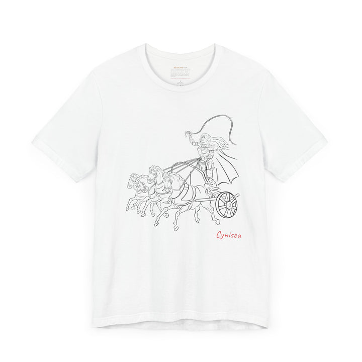 White t-shirt with a black line graphic of Cynisca riding a four-horse chariot, wearing armor and a cape, with the red text 'Cynisca' below the design.