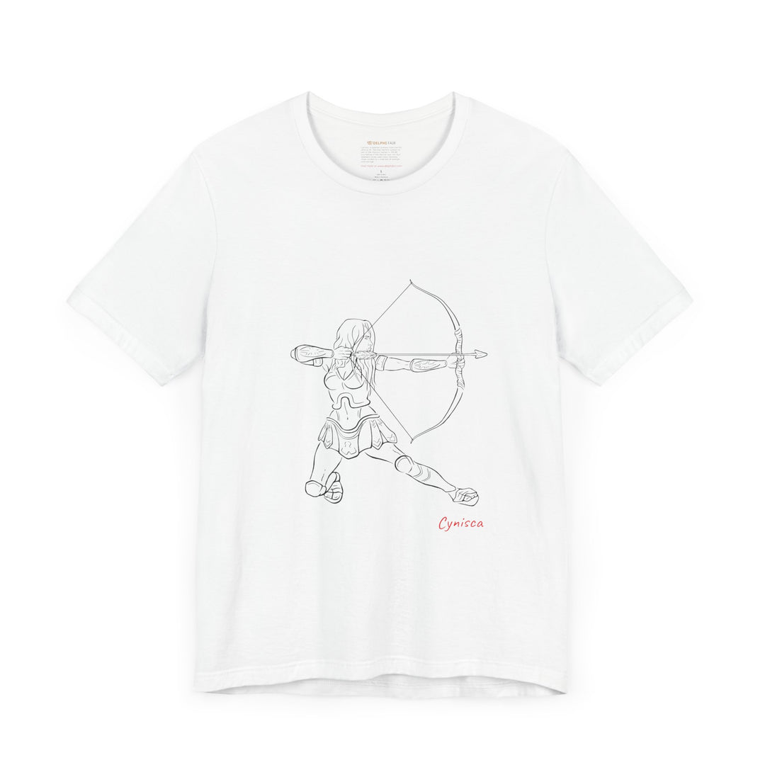 White t-shirt with a black line graphic of Cynisca in armor kneeling and drawing a bow, aiming an arrow forward, with the red text 'Cynisca' below the design.