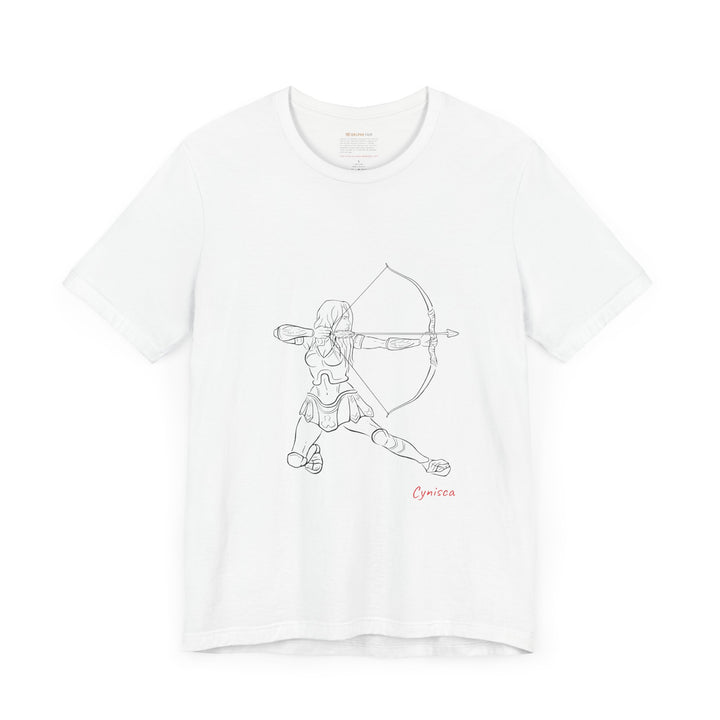 White t-shirt with a black line graphic of Cynisca in armor kneeling and drawing a bow, aiming an arrow forward, with the red text 'Cynisca' below the design.