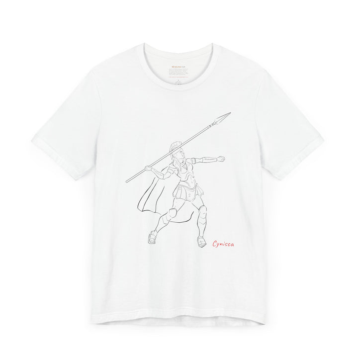 White t-shirt with a black line graphic of Cynisca in Spartan armor mid-action, throwing a spear with an extended arm, and the red text 'Cynisca' below the design.