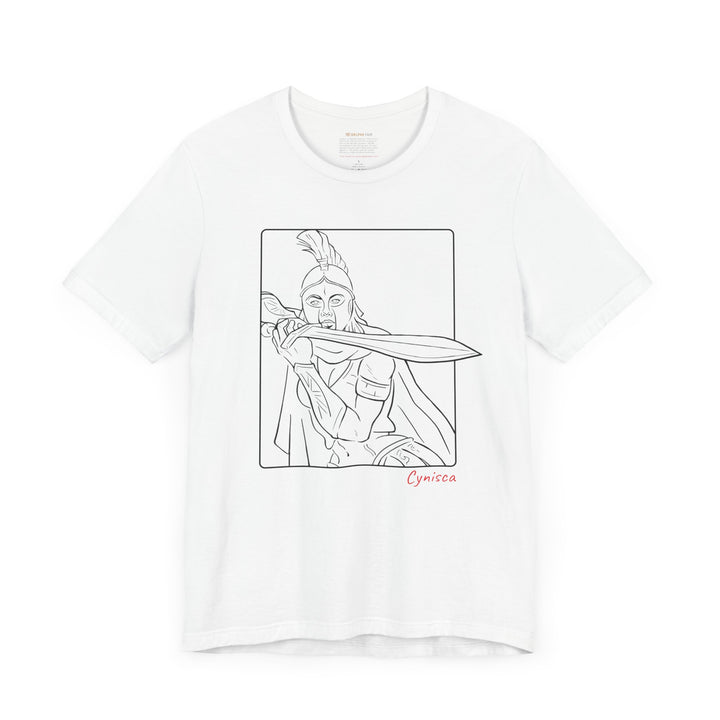 White t-shirt with a black line graphic of Cynisca in a dramatic close-up pose, holding a sword across her chest inside a rectangular frame, with the red text 'Cynisca' below the design.