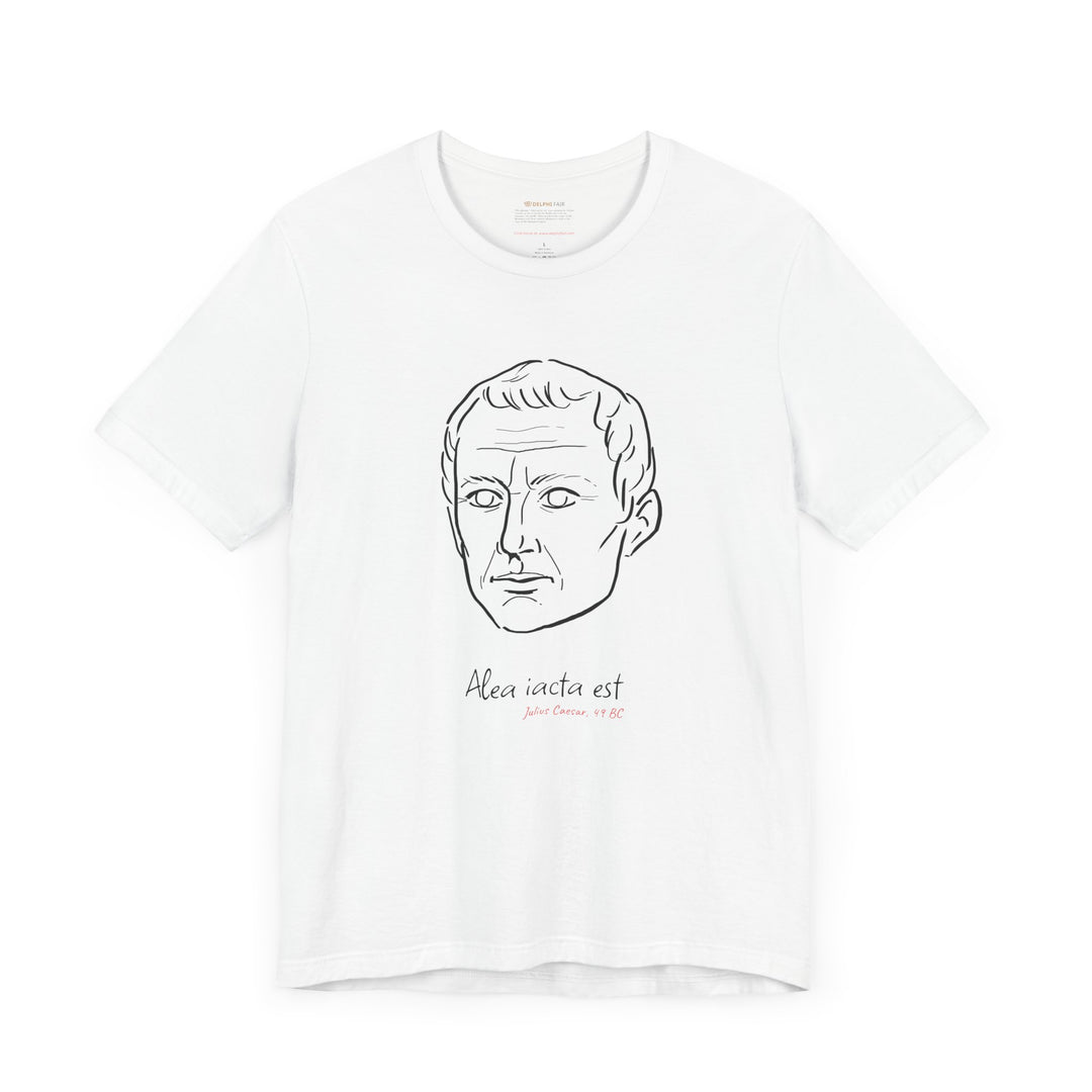 White t-shirt with a black graphic of Julius Caesar's head, the quote 'Alea iacta est,' (The die is cast), and the red text 'Julius Caesar 49 BC' below